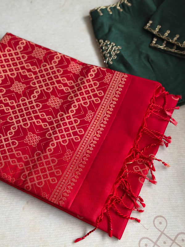 Pure Kanjivaram Soft Silk Saree – Vintage Red with Gold Zari
