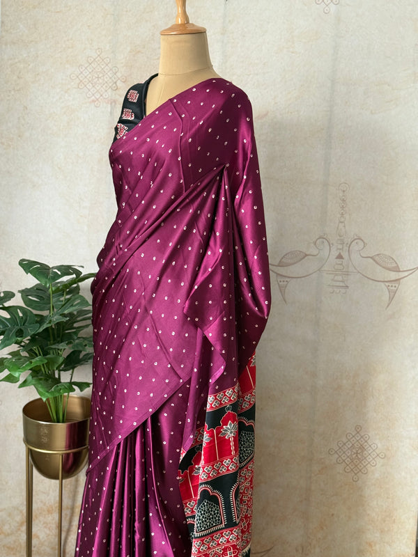 Purple Modal Saree with Silver Buttas with Ajrakh Pallu