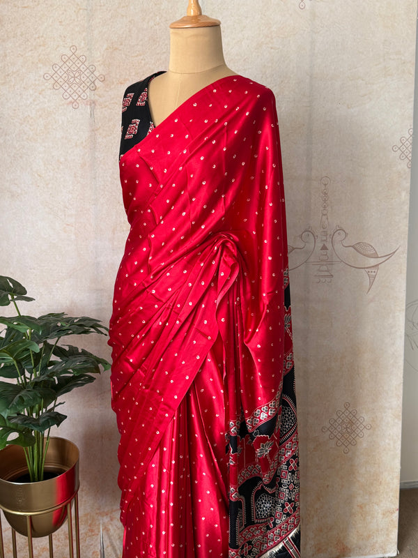 Red Modal Saree with Silver Buttas with Ajrakh Pallu