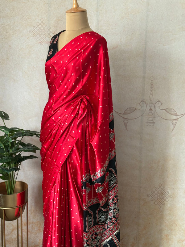 Red Modal Saree with Silver Buttas with Ajrakh Pallu