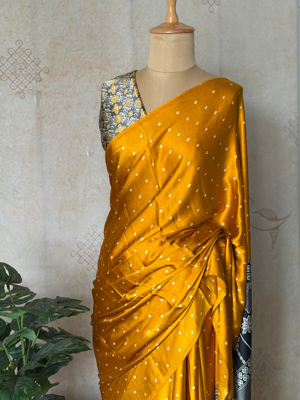 Mustard Modal Saree with Silver Buttas with Ajrakh Pallu
