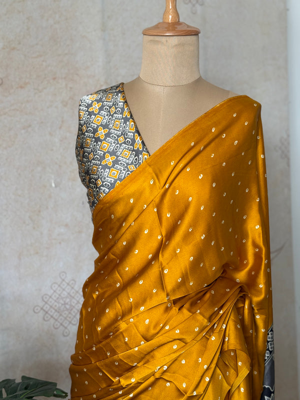 Mustard Modal Saree with Silver Buttas with Ajrakh Pallu