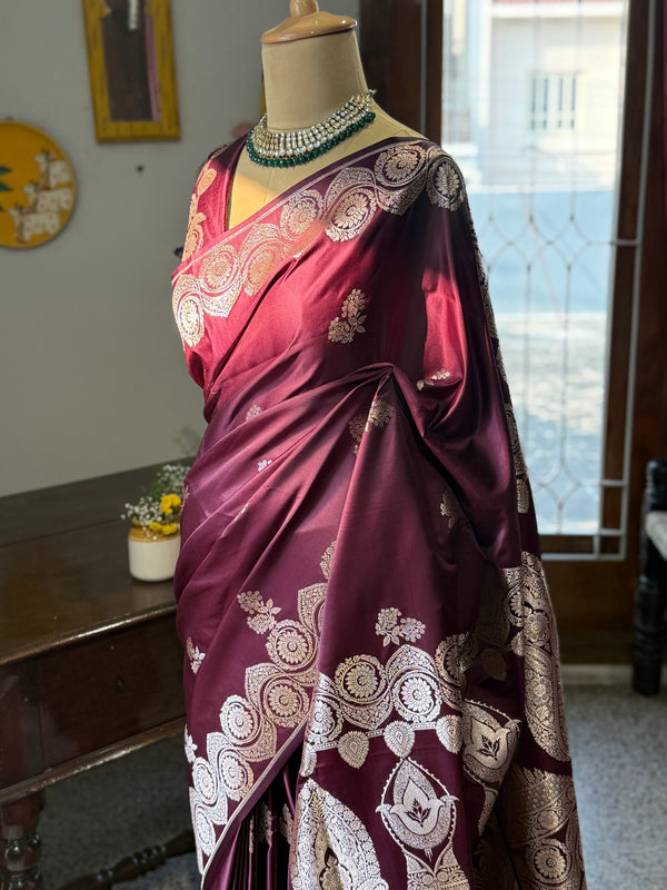 Pure Banarasi Katan Silk Saree Brown | Floral Butta & Mango Zari Pallu
