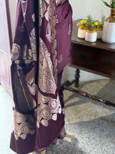 Pure Banarasi Katan Silk Saree Brown | Floral Butta & Mango Zari Pallu