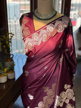 Pure Banarasi Katan Silk Saree Brown | Floral Butta & Mango Zari Pallu