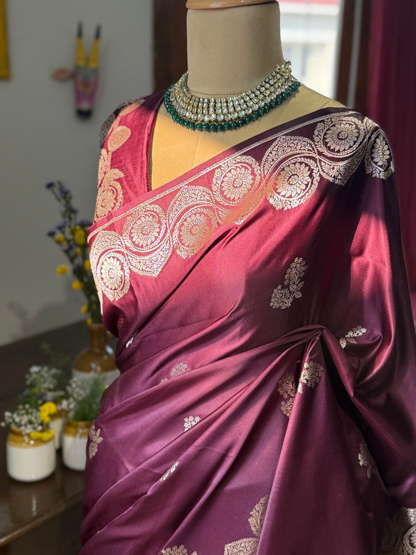 Pure Banarasi Katan Silk Saree Brown | Floral Butta & Mango Zari Pallu