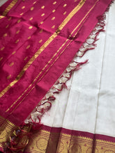 Pure Thirubuvanam Silk Saree in Half White & Arakku with Gold Zari Border | Handcrafted Aari Work Blouse