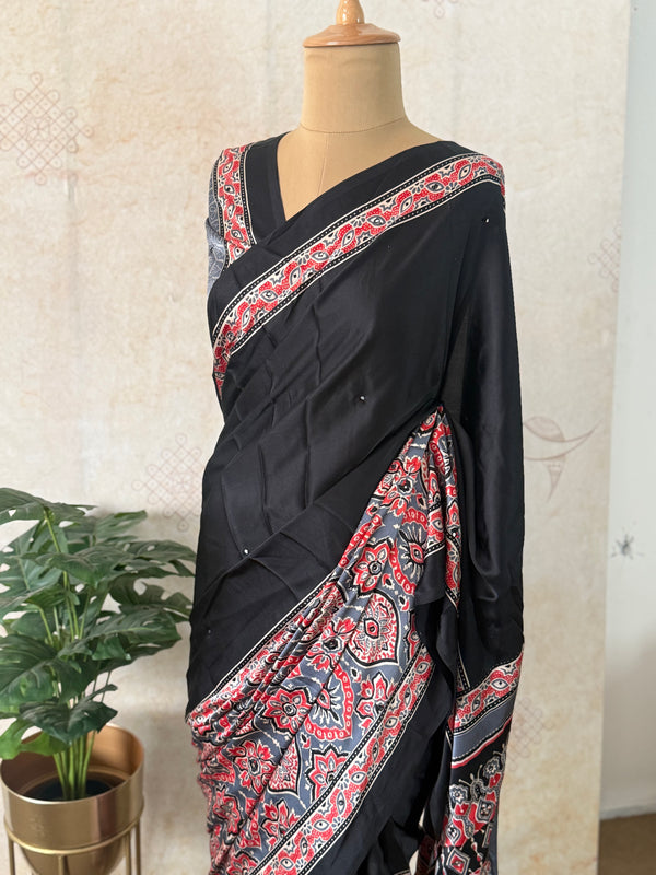 Black Modal Saree with Ajrakh Print – Handcrafted Elegance