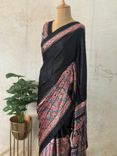 Black Modal Saree with Ajrakh Print – Handcrafted Elegance