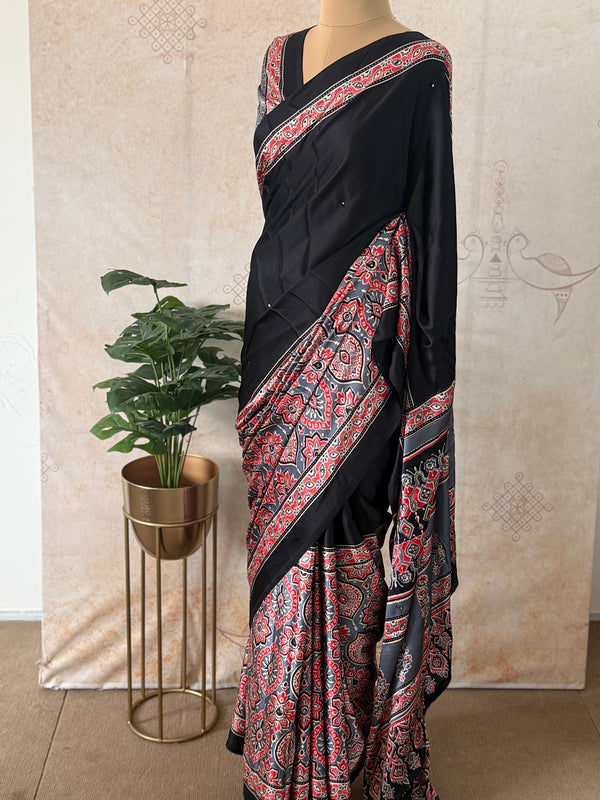 Black Modal Saree with Ajrakh Print – Handcrafted Elegance