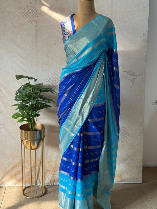 Mysore Crepe Silk Mubbagam Saree with Banarasi Brocade Blouse – Festive Ethnic Wear