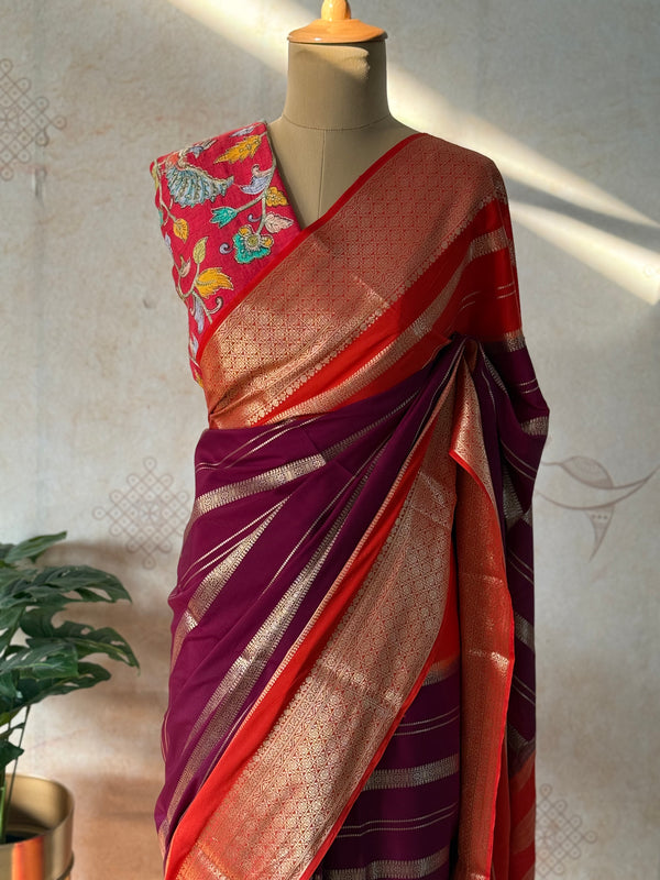 Mysore Crepe Silk Mubbagam Saree with Banarasi Brocade Blouse – Festive Ethnic Wear