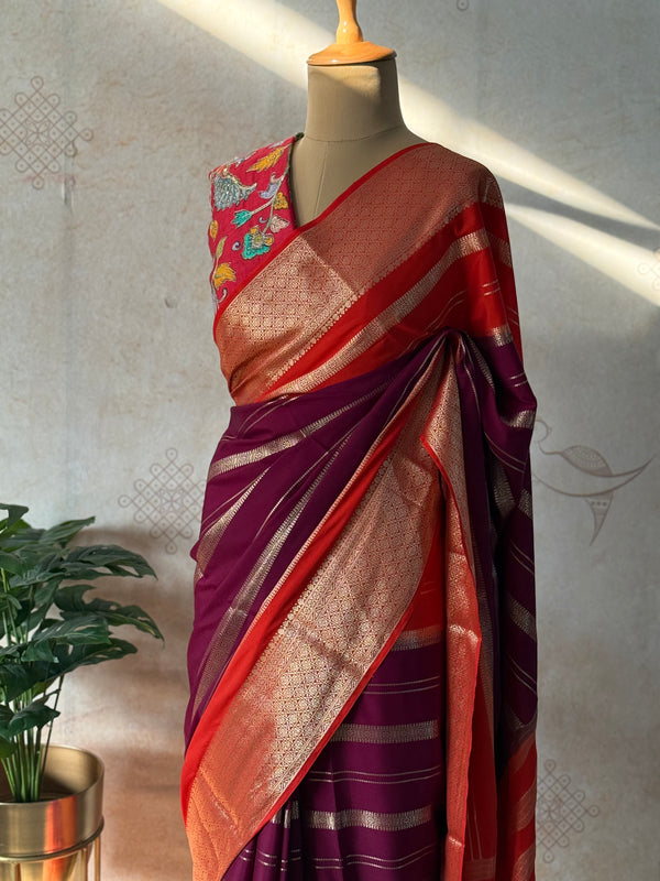 Mysore Crepe Silk Mubbagam Saree with Banarasi Brocade Blouse – Festive Ethnic Wear