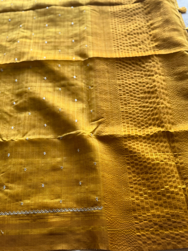 Mustard Jute Tussar Saree with Hand Embellishments & Minimal Border