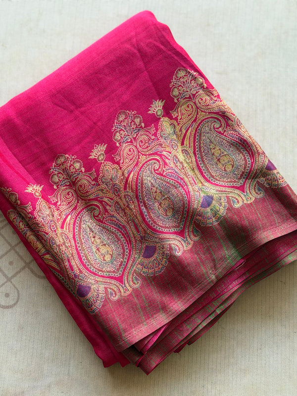 Soft Kashmir Pashmina Saree – Rani Pink Paisley Weave