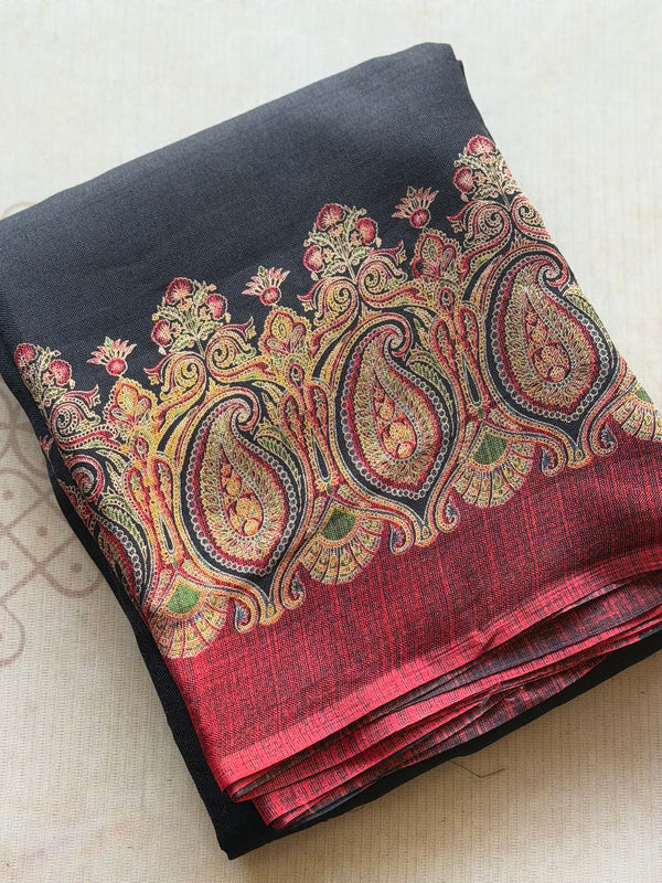 Soft Kashmir Pashmina Saree – Black Paisley Weave