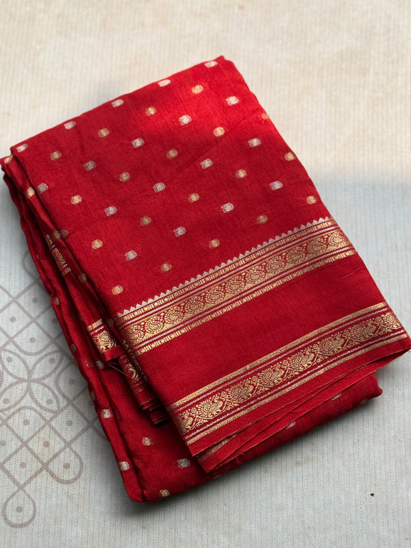 Red Mysore Crepe Silk Saree with All-Over Butta & Bentex Border