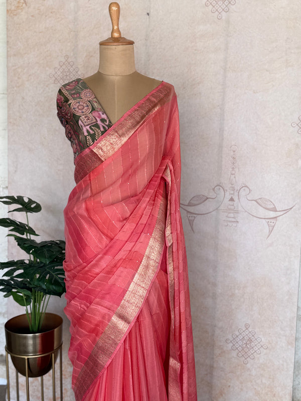 Peach Satin Silk Saree with All-Over Sequin Detailing & Contrast Raja Rani Blouse