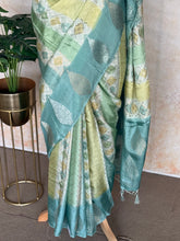 Teal Green Satin Silk Rangkat Saree with Butta Border & Contrast Blouse