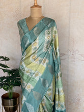 Teal Green Satin Silk Rangkat Saree with Butta Border & Contrast Blouse