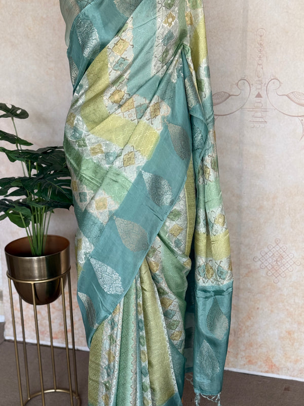 Teal Green Satin Silk Rangkat Saree with Butta Border & Contrast Blouse