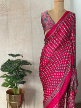 Rani Pink Modal Silk Bagru Print Saree with Mirror Work | Ajrakh Blouse