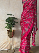 Rani Pink Modal Silk Bagru Print Saree with Mirror Work | Ajrakh Blouse