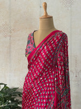 Rani Pink Modal Silk Bagru Print Saree with Mirror Work | Ajrakh Blouse