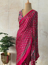 Rani Pink Modal Silk Bagru Print Saree with Mirror Work | Ajrakh Blouse
