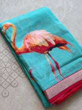 Mangalgiri Digital Printed Saree with Flamingo Print & Silver Zari Border | Studio Virupa