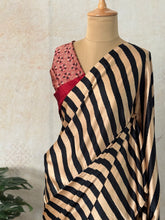 Black & Red Modal Saree with Striped Body and Ajrakh Printed Blouse | Handcrafted Saree