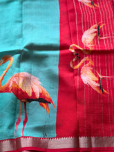 Mangalgiri Digital Printed Saree with Flamingo Print & Silver Zari Border | Studio Virupa
