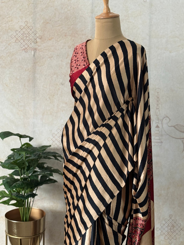 Black & Red Modal Saree with Striped Body and Ajrakh Printed Blouse | Handcrafted Saree