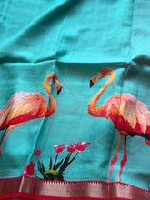 Mangalgiri Digital Printed Saree with Flamingo Print & Silver Zari Border | Studio Virupa