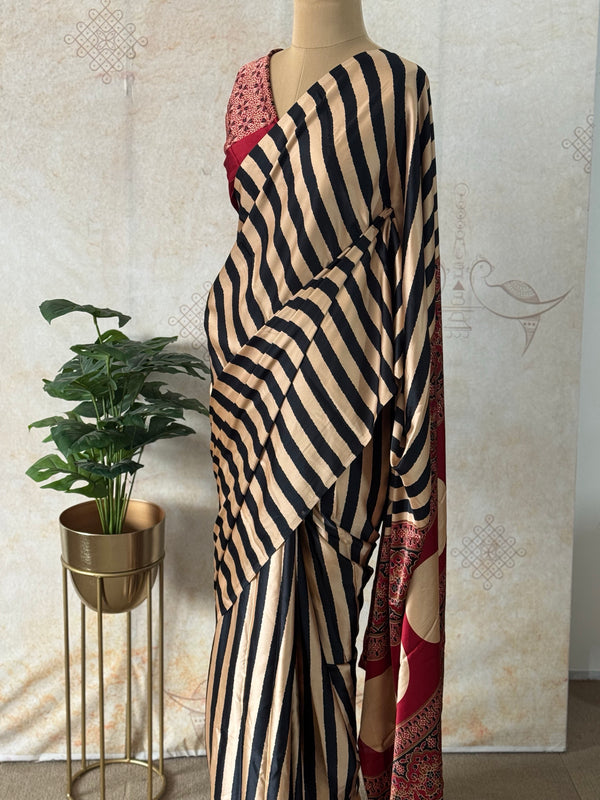 Black & Red Modal Saree with Striped Body and Ajrakh Printed Blouse | Handcrafted Saree