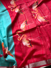 Mangalgiri Digital Printed Saree with Flamingo Print & Silver Zari Border | Studio Virupa