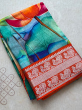Mangalgiri Digital Printed Saree with Floral Print & Silver Zari Border | Studio Virupa