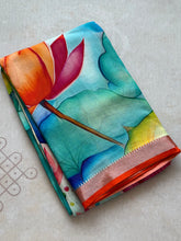 Mangalgiri Digital Printed Saree with Floral Print & Silver Zari Border | Studio Virupa