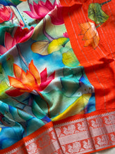 Mangalgiri Digital Printed Saree with Floral Print & Silver Zari Border | Studio Virupa