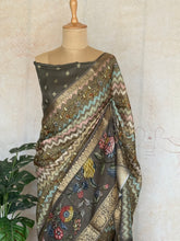 Dola Printed Silk Saree with Bentex Zari Border – Charcoal Grey Floral & Chevron Weave
