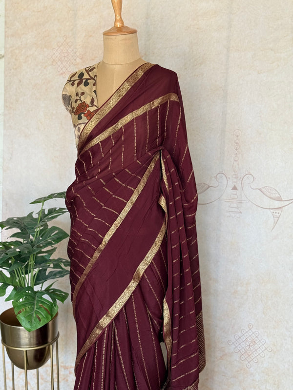 Pratya - Pure Chiffon Saree with Zari Stripes & Kalamkari Tissue Blouse – Coffee Brown Elegance