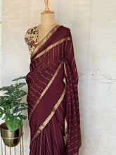 Pratya - Pure Chiffon Saree with Zari Stripes & Kalamkari Tissue Blouse – Coffee Brown Elegance