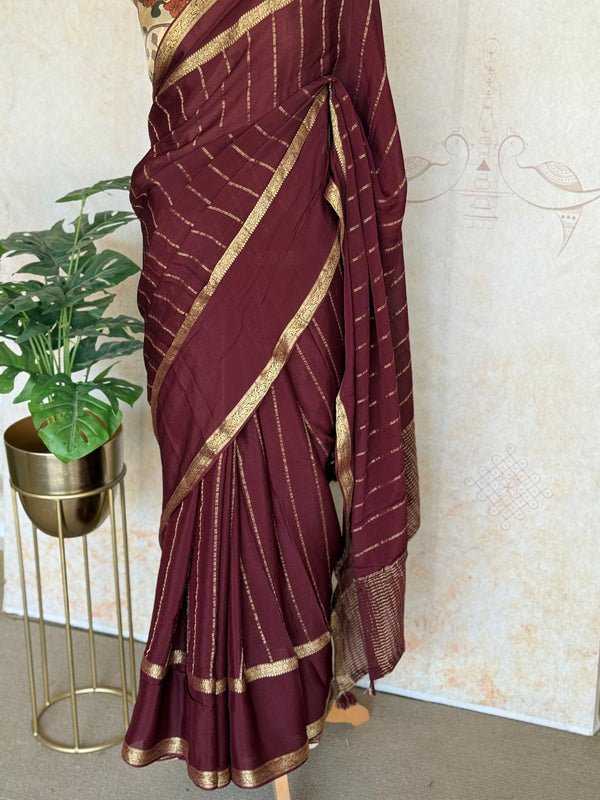 Pratya - Pure Chiffon Saree with Zari Stripes & Kalamkari Tissue Blouse – Coffee Brown Elegance