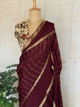 Pratya - Pure Chiffon Saree with Zari Stripes & Kalamkari Tissue Blouse – Coffee Brown Elegance