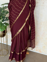 Pratya - Pure Chiffon Saree with Zari Stripes & Kalamkari Tissue Blouse – Coffee Brown Elegance