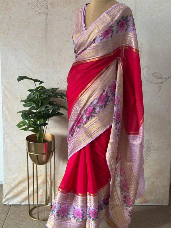 Mysore Crepe Silk Mubbagam Saree with Floral Borders – Festive Ethnic Wear