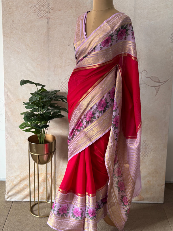 Mysore Crepe Silk Mubbagam Saree with Floral Borders – Festive Ethnic Wear