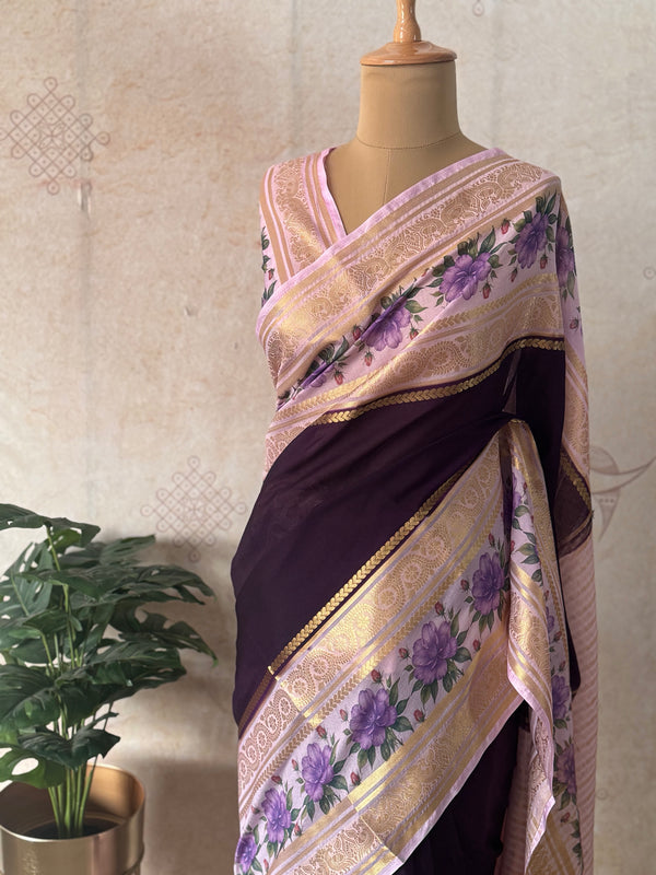 Mysore Crepe Silk Mubbagam Saree with Floral Borders – Festive Ethnic Wear