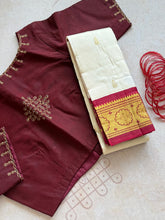 Pure Thirubuvanam Silk Saree in Half White & Arakku with Gold Zari Border | Handcrafted Aari Work Blouse