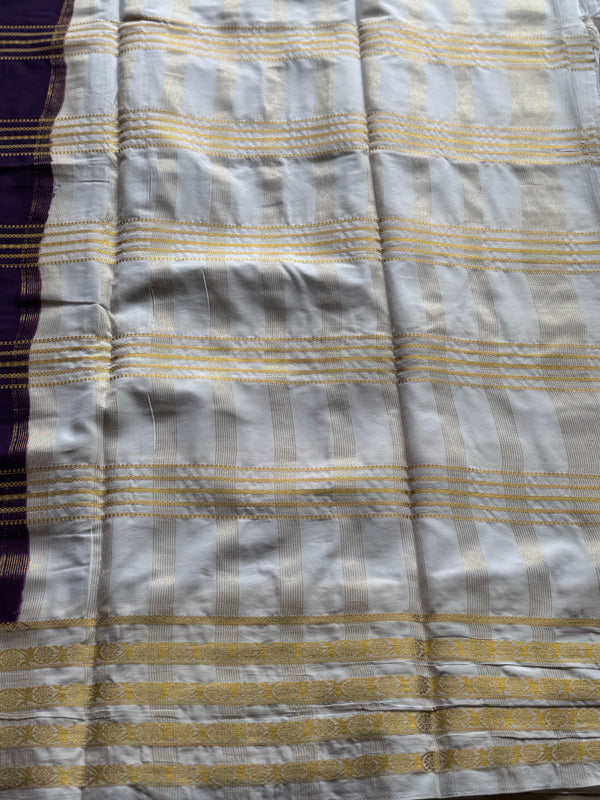 Semi Mysore Crepe Silk Saree with Purple & Gold Contrast Border
